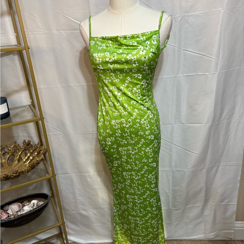 Y2K Lime Green Daisy Print Maxi Dress Small 90s Revival‎ Bodycon Slip